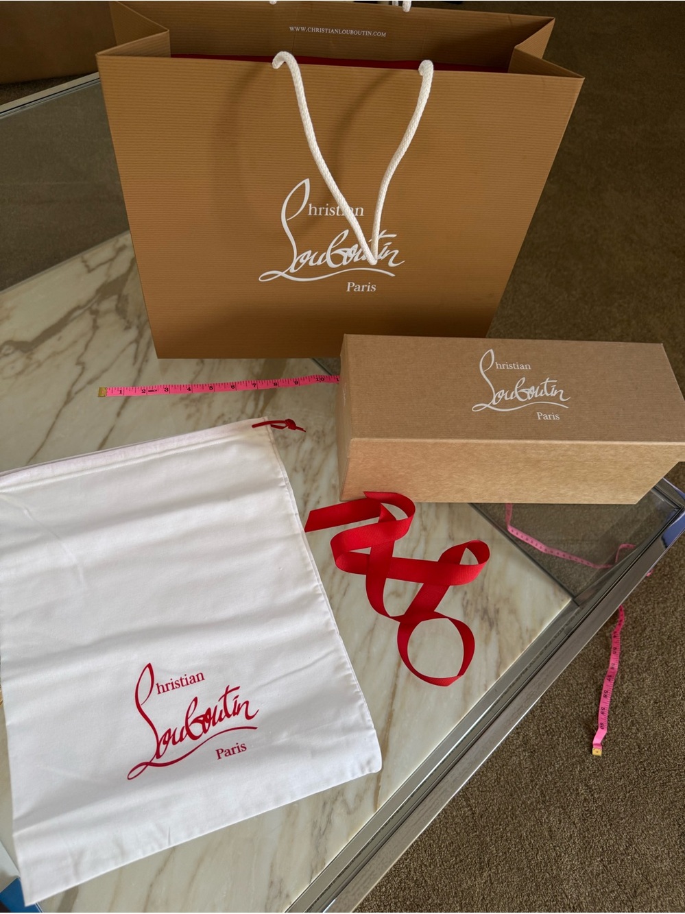 Christian Louboutin• Shopping Bag, Shoe Box, Dust Bag & Red Ribbon